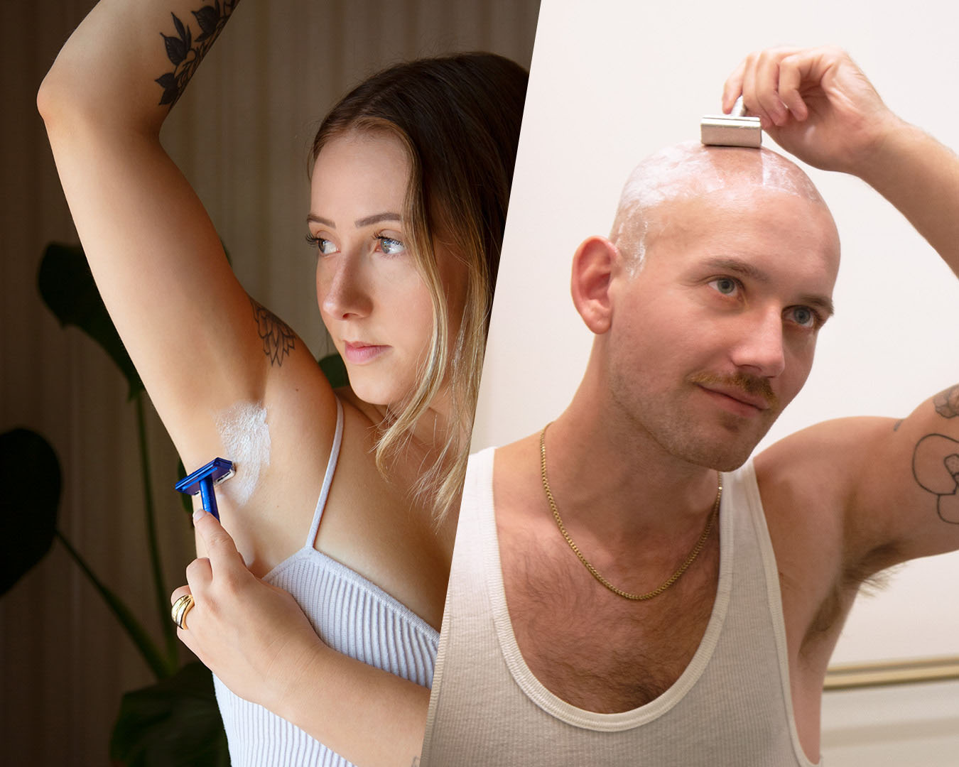 A woman wet shaving her underarm and a man wet shaving his head.